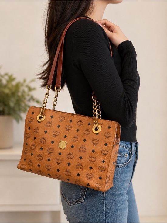 MCM Handbags - MCM Visetos Cognac Shoulder Bag Gold Chain Strap Medium Tote